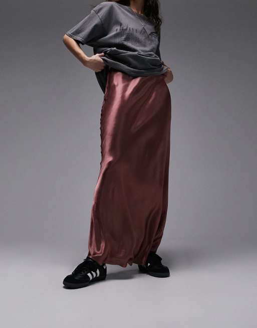 Maroon satin maxi skirt sale