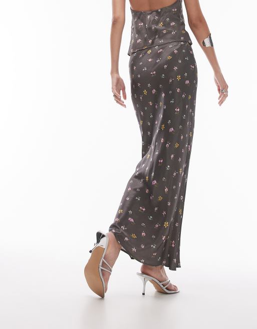Topshop Satin bias Maxi skirt in vintage floral in washed black part of a set ASOS