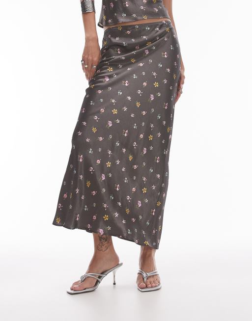 Topshop Satin bias Maxi skirt in vintage floral in washed black part of a set ASOS