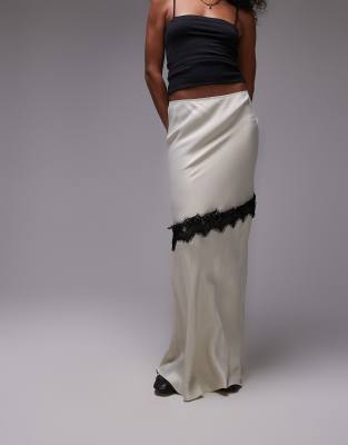 Satin bias maxi skirt with diagonal lace insert in champagne-Neutral