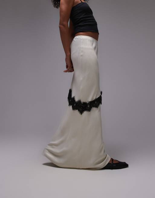 Topshop Satin bias maxi skirt with diagonal lace insert in champagne