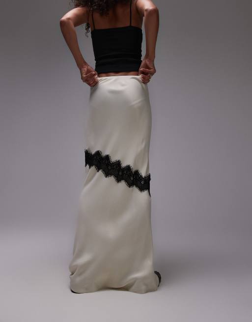 Topshop satin bias maxi skirt with diagonal lace insert in champagne, 3 of 5