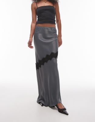 Shop Topshop Satin Bias Maxi Skirt With Diagonal Lace Insert In Gray
