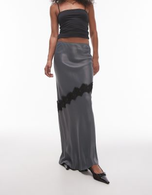 satin bias maxi skirt with diagonal lace insert in gray