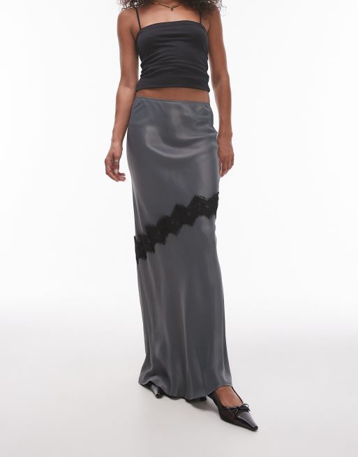 Topshop satin bias maxi skirt with diagonal lace insert in gray