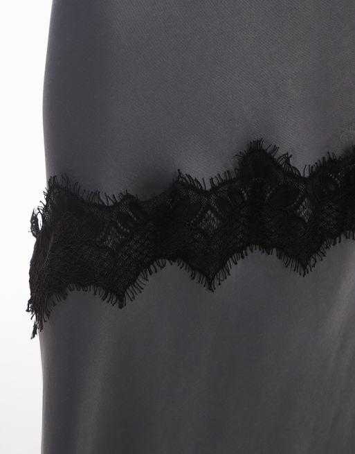 Topshop Satin bias maxi skirt with diagonal lace insert in grey ASOS