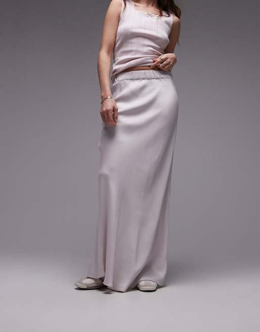 Topshop satin bias maxi skirt with elastic waist band in marshmallow ASOS