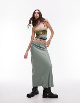Topshop satin bias maxi skirt with elastic waist band in sea green