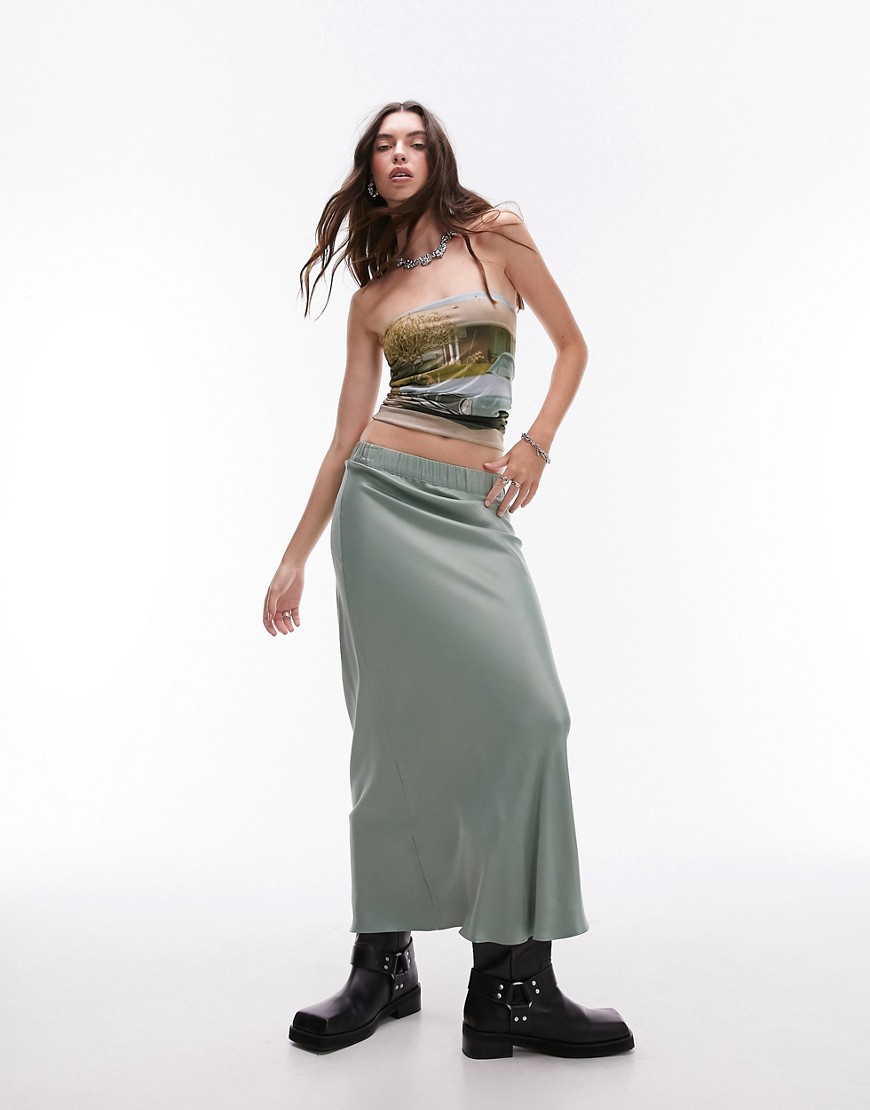 Topshop satin bias maxi skirt with elastic waist band in sea green-Blue