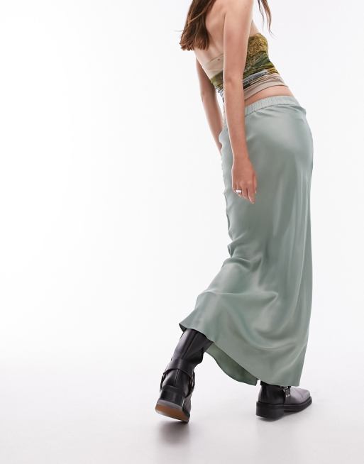 Topshop satin bias maxi skirt with elastic waist band in sea green