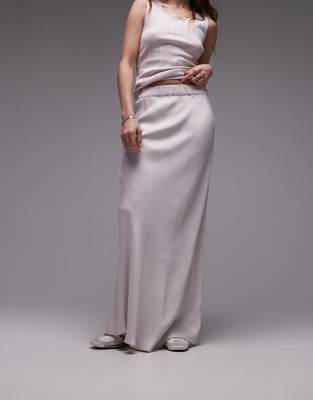 Topshop Satin Bias Maxi Skirt With Elastic Waistband In Marshmallow-gray