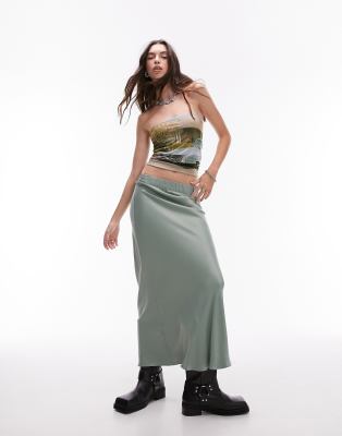satin bias maxi skirt with elastic waistband in sea green-Blue