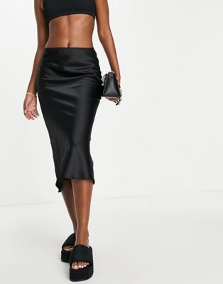 Topshop satin bias midi skirt in black