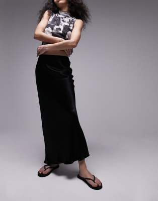 satin bias midi skirt in black