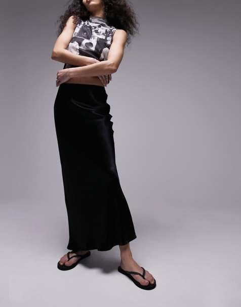 Topshop satin bias midi skirt in black - view 1