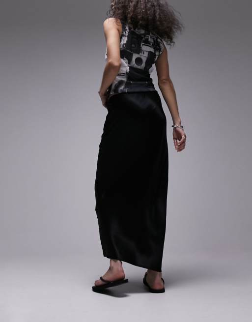 Topshop Tie Front Circle Satin skirt in black