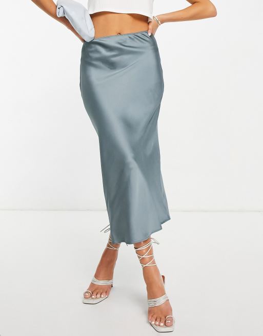 Blue Floral Satin Bias-Cut Midi Skirt - Riviera Blue, Botanic Glaze