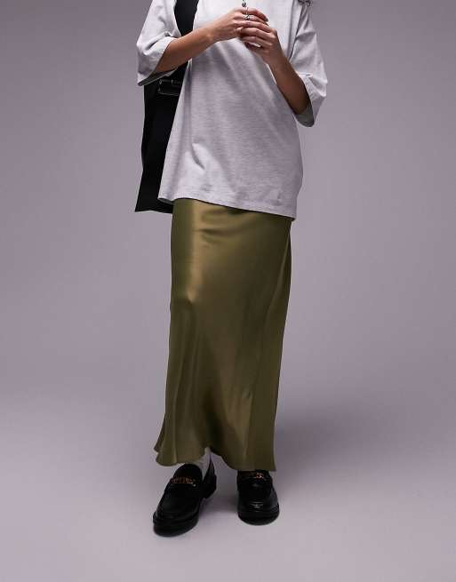 Topshop satin bias midi skirt in khaki