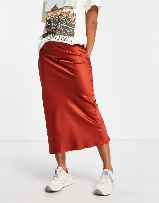 Topshop satin bias midi skirt in rusty red