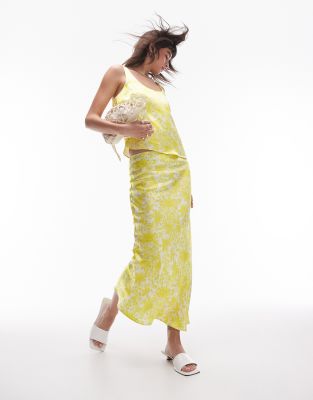 Topshop Satin Bias Midi Skirt In Zingy Floral - Part Of A Set-green In Green