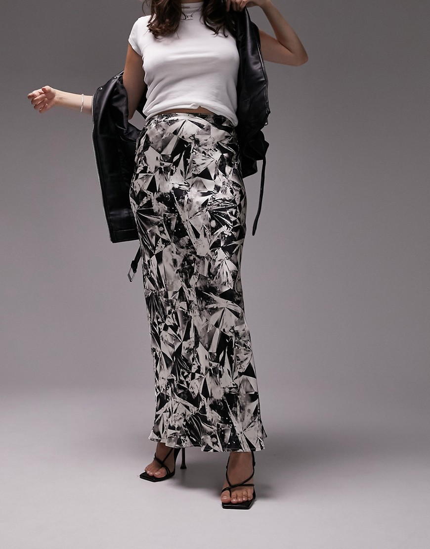 Topshop satin bias scrunched print maxi skirt in monochrome-Black