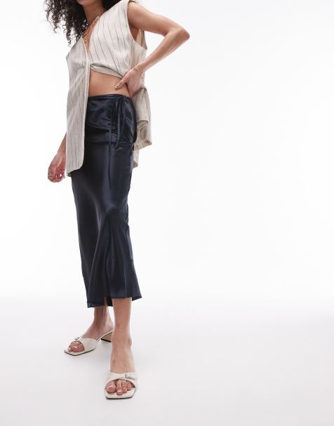 Topshop satin bias skirt in navy - view 1