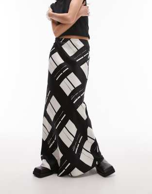 Topshop Satin Bias Skirt With Printed Check In Mono-multi In Multi