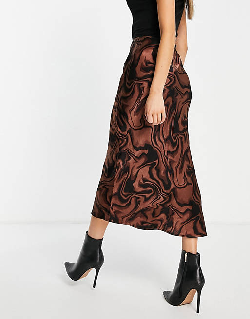 Women Topshop satin bias swirl print skirt in chocolate 