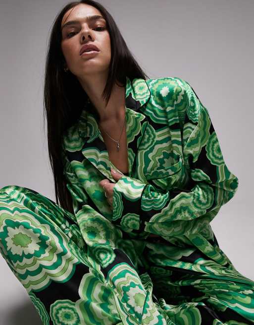 Topshop satin bloom print piped shirt and pants pajama set in green