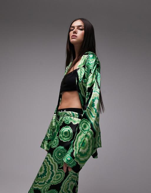 Topshop satin bloom print piped shirt and pants pajama set in green , 3 of 4