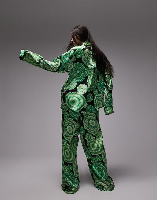 Topshop satin bloom print piped shirt and pants pajama set in green , 4 of 4