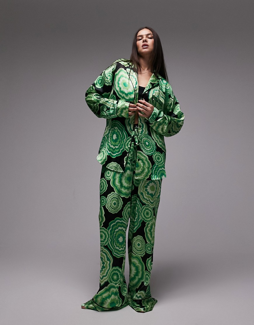 Topshop satin bloom print piped shirt and trouser pyjama set in green
