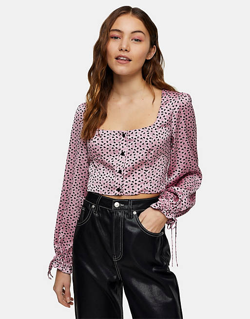 Women Topshop satin blouse in pink heart print 