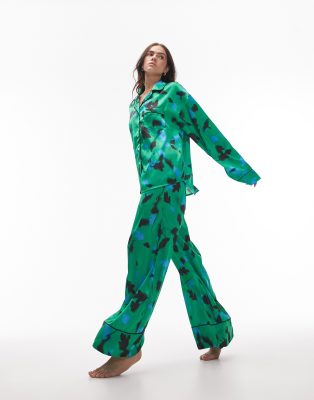 Topshop satin bloom print piped shirt and pants pajama set in green