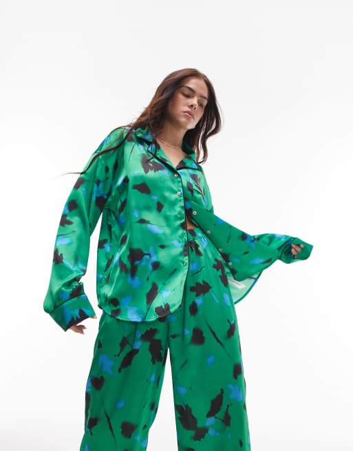 Topshop satin blurred floral print piped shirt and trouser pyjama set in green