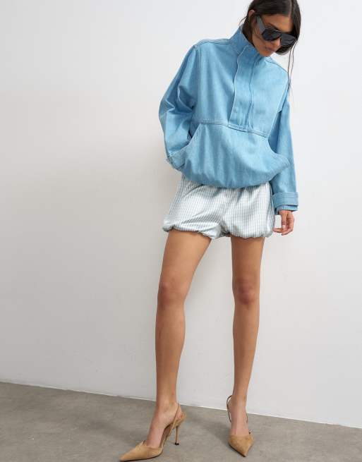 Topshop satin bubble short in blue check, 5 of 5