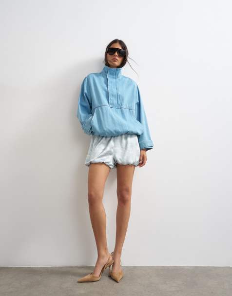 Topshop satin bubble shorts in blue check - view 1