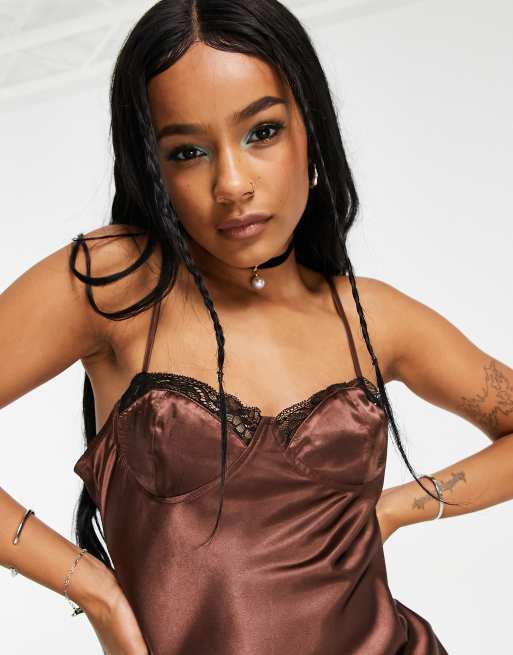 Petite Chocolate Lace Satin Slip Dress