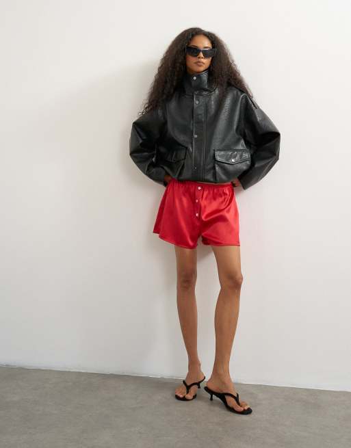 Topshop satin button detail short in red, 2 of 5