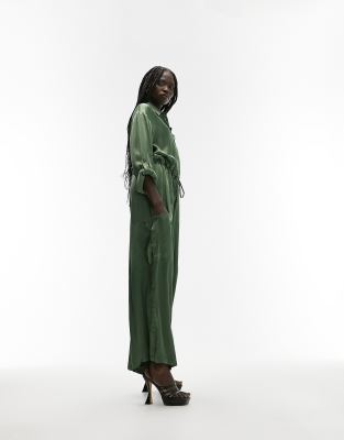 Topshop satin button down jumpsuit in khaki - ASOS Price Checker