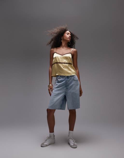 Topshop satin cami top in yellow with brown lace | ASOS