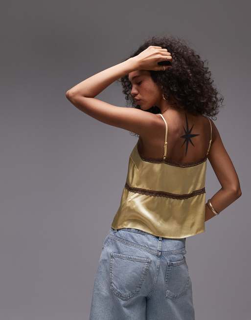 Topshop satin cami top in yellow with brown lace | ASOS