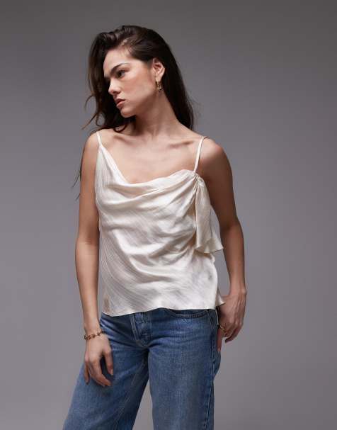 Topshop – Satin-Camisole in Champagner mit doppeltem Träger und Rüschen - view 1