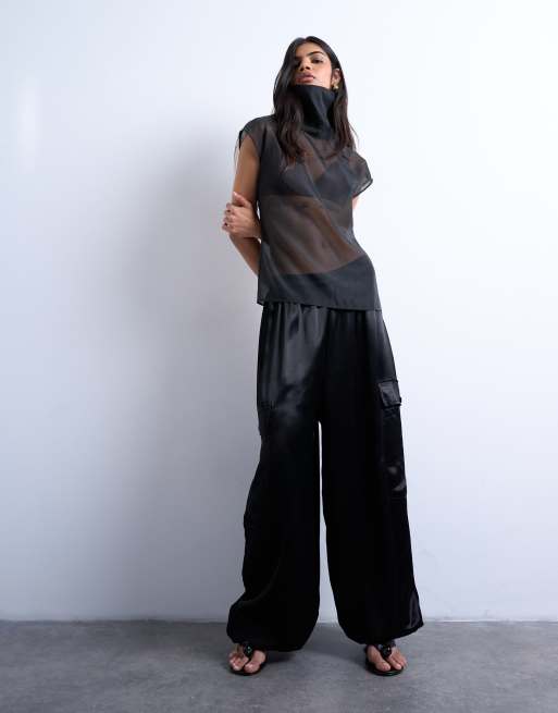 Topshop satin cargo balloon pants in black