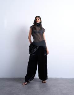 Satin cargo balloon trouser in black