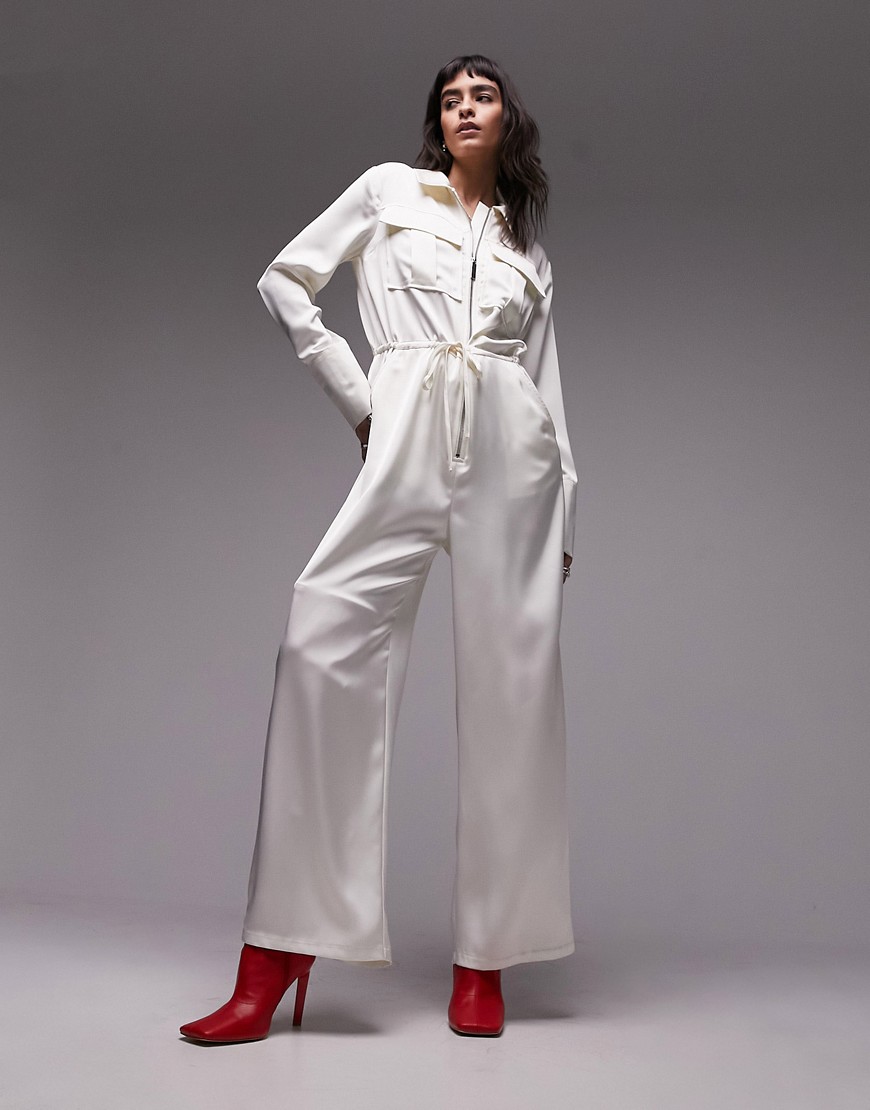 satin cargo jumpsuit in ivory-White