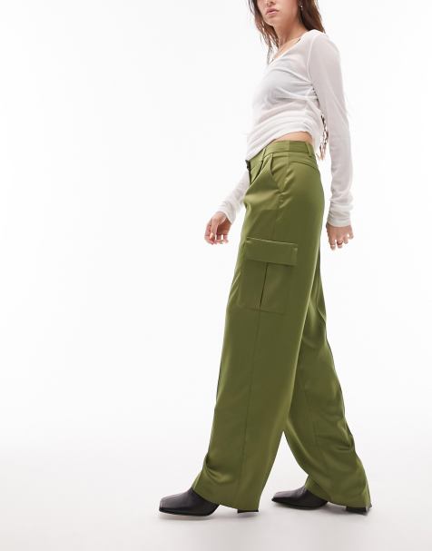 Topshop satin cargo pants in khaki - view 1