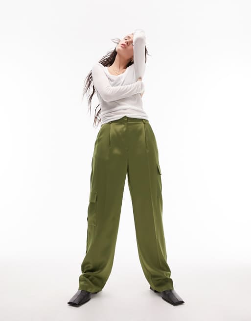 Khaki fluid satin cargo pants