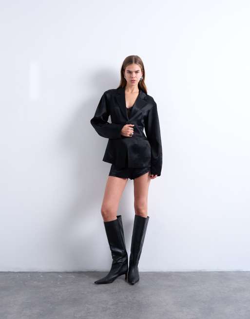 Topshop satin cinched blazer in black, 2 of 4