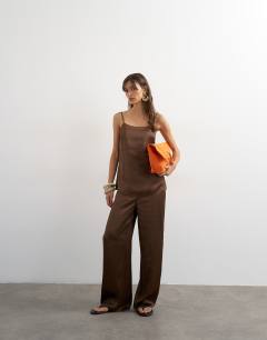 Model wearing Satin clean cami co-ord in chocolate